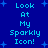 Blue background with light blue text reading "Look At My Sparkly Icon!" repeated twice in a , surrounded by small light blue star shapes