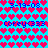 Pixelated heart-patterned background with blue text overlays showing dates and a username, transitioning through color gradients.