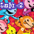 Pixelated cartoon characters in blue, pink, orange, and yellow on a red background with text overlays.