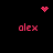 Pixelated pink text 'alex' appears in four corners around a central dot cluster, with a heart icon above and starburst to the top-right on black background.