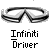 Pixelated grayscale icon shows stylized glasses above stacked text reading 'Infiniti Driver' on a solid gray background.