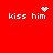Red background with four 'kiss him' text instances, each paired with a distinct white pixel-art symbol above or near the text.