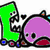 Animated pixel art icon featuring a green character with a white face, purple round character, and purple dinosaur-like figure on black background with text.