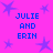 A static image with a bright pink background featuring four identical blue text blocks reading "JULIE AND ERIN" arranged in a , surrounded by scattered purple star shapes