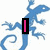 Blue lizard silhouette on white background with colored text blocks reading 'I wonder who this is' in pink, red, cyan, blue, and green.