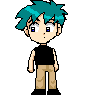 Pixel art character with teal spiky hair, black sleeveless shirt, beige pants, and black shoes in six sequential poses showing eye and mouth changes.