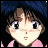 Pixelated anime-style character with brown hair and blue headwear, wearing pink clothing, next to stylized text on a black background.