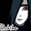 Pixelated anime-style icon of a character with white face, red eye, dark blue hair, and headband, with 'Uchiha' text below.