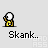 Pixelated character with white head and yellow body performs a sequence of arm movements while text below reads 'Skank...' in black font.