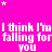 A bright pink background with white text repeating "I think I'm falling for you" and scattered small white stars.