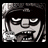 Pixelated grayscale icon of a stylized character face with exaggerated features and dark hair against a black background.