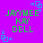 A static digital image with a bright purple background displays four identical green text blocks reading "JAYMEE KAY DELL" and blue pixelated square patterns at the corners.