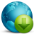 Pixelated blue globe with green download symbol overlapping its lower right portion against a gray background.