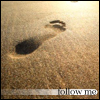 A grainy, low-resolution image shows a dark circular shape on a textured beige background with a faint shadow and the text 'follow me' at the bottom.