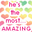 Pixelated heart pattern background with pink text reading 'he's the most... AMAZING that I have ever had' on left and 'nice cute funny guy the misfortune to meet' on right.