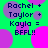 Green background with purple and pink circles; text reads 'Rachel + Taylor + Kayla = BFFL!!' in dark blue pixelated font.