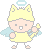 Pixel art contact sheet of two animated frames showing a yellow cat-angel character with blue wings and halo, holding a glowing wand-like object against gray background.