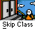 Animated pixel art sequence showing a character skipping class, with text bubbles and background changes including school doors, a red building, and sleeping students.