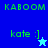 Green pixelated text 'KABOOM' and 'kate :]' on blue and cyan backgrounds with a small star icon, showing animation changes between frames.