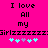 Bright pink background with black pixelated text reading "I love All my Girlzzzzzzz" and a of cyan and purple heart symbols below