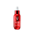 Red bottle with silver cap and dark band, featuring a circular emblem on its body against white background.