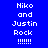 Blue background with white pixelated text reading "Niko and Justin Rock !!!!!" in three vertical , each containing the same text