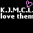 Pixelated text repeats 'K.J.M.C.L.' and 'love them' with a pink heart symbol above the text on a black background.