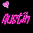 Two pink pixelated 'Austin' text icons with heart symbols above, one featuring white dot accents on the letters against a black background.