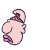 Animated sequence of a pink cartoon character with large lips and a small head, interacting with a red brain-like object.