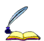 Animated sequence of a blue feather quill dipping into a dark blue inkwell above an open yellow book with purple spine, showing ink droplets and feather movement.