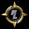 Animated sequence of a golden circular icon with four star points, containing gray 'FL' text in the center, rotating through multiple orientations against black background.