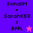 Pixelated text displays 'SonaliM + SarahK58 = BFFL' with a star icon, split across two color-blocked sections.