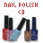 Six variations of a nail polish bottle icon set with text "NAIL POLISH" and emoticon ";3" displayed in different colors above each arrangement.