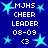 Blue background with light blue stars and white text reading "MJHS CHEER LEADER 08-09 <3" in two identical vertical