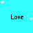 Cyan background with repeated black text 'Love' in a , white stars scattered , and a gray rectangle in the bottom-right corner