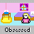 Pixel art animation of a blonde girl in pink dress with purple bed and yellow purse, showing multiple poses including sitting, standing, and speaking.