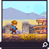 Pixel art scene showing a character with spiky blonde hair in blue shirt and brown pants walking left on grassy terrain near stone structures under light blue sky.