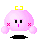 Pixelated pink character with yellow bow, black eyes, and red X cheeks in four poses showing arm positions changing from spread to clasped.