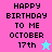 Pixelated birthday message with 'HAPPY BIRTHDAY TO ME OCTOBER 17th' text on pink and cyan backgrounds, featuring a light blue star icon.