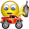 Animated contact sheet of a yellow emoji face holding a red monster truck with flame decals, showing sequential motion frames across three rows and three columns.