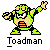 Pixelated green character with orange accents in a dynamic pose, arms raised, standing above stylized text reading 'Toadman' on a gray background.