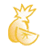 Pixelated golden pineapple with crown of leaves, rounded body, and visible core section on white background.