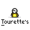 A 4x3 contact sheet of a pixel art animation featuring a yellow stick figure with white head and arms, displaying various expressions and speech bubbles containing text like "ERR...", "SHIT!!", "DAMN!", and "PISS!!" on a gray background.
