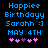 Pixelated blue text on black background reads 'Happiee Birthdayy Sarah :]', 'MAY 4TH', and five pink/purple hearts with one heart changing color.