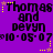 Purple background with repeated text 'thomas and devyn' in black pixelated font, yellow stars above each name, dotted lines connecting stars to dates below.