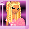 Pixel art icon of a blonde woman with long hair wearing a pink dress, set against a purple gradient background within a decorative frame.