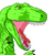 Green pixelated dinosaur head with open mouth showing pink interior and red tongue, visible eye, partial body on white background.