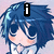 Pixelated anime-style character with blue hair and dark sunglasses, shown in multiple views with text overlays.
