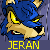Pixelated static image of a blue and tan cartoon animal character with gritted teeth, yellow eyes, and the name "JERAN" in bold yellow text below it on a dark purple background.