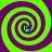 Four identical spiral patterns with alternating green and purple rings, each containing blue text 'ily' at the center.